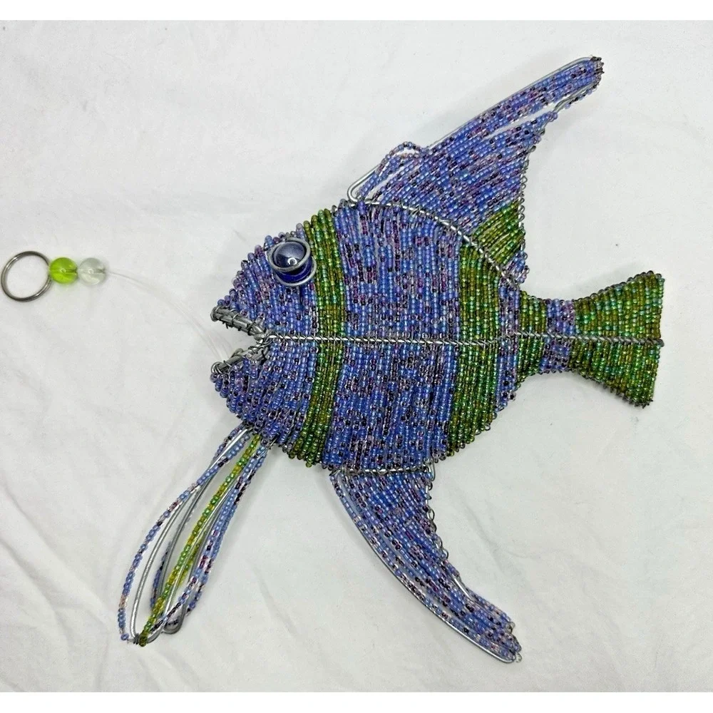 AngelFish Glass Beaded Hanging Decor 3D Blue Green Seed Beads Metal sealife